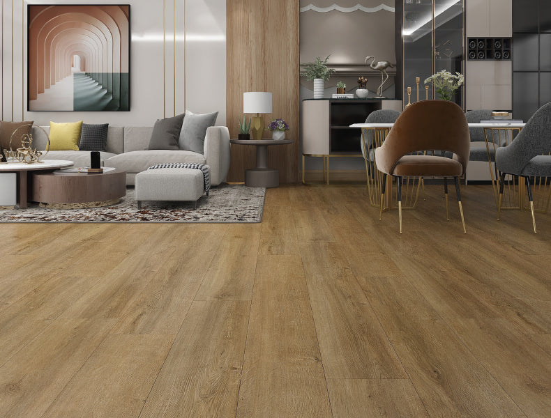 Pavimento SPC 5mm con Tappetino Acustico 1mm | Resistente e Impermeabile - BauFloor MIELE foto ambientata in soggiorno moderno