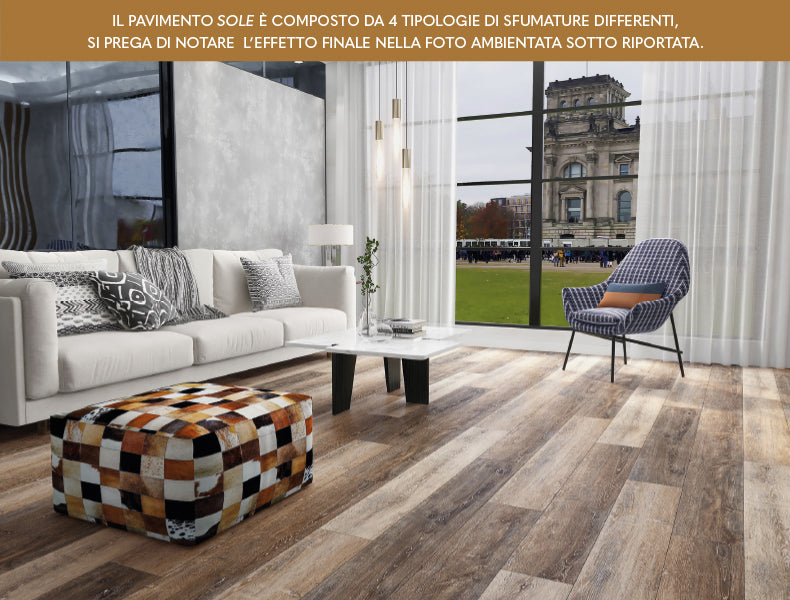 foto ambientata in soggiorno con vista su giardino del pavimento in SPC da 5mm Baufloor SOLE