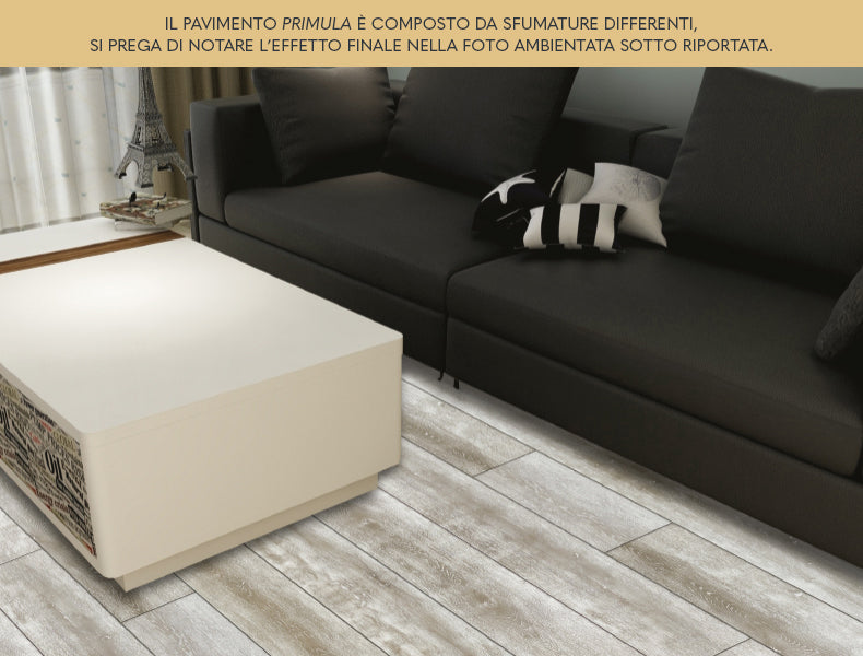 Pavimento SPC 5mm Baufloor PRIMULA foto ambientata in salotto con divano classico e tavolino