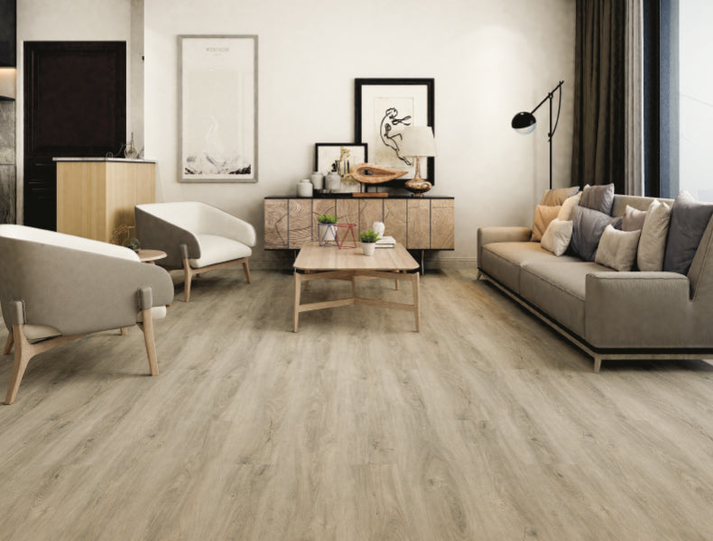 Pavimento SPC 5mm con Tappetino Acustico 1mm | Resistente e Impermeabile - Baufloor TOPAZIO foto ambientata in salotto moderno ed elegante