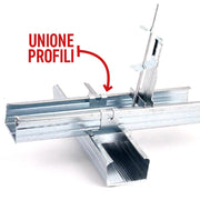 Gancio ortogonale per profili in cartongesso 50/27. Corpo in acciaio zincato, per il bloccaggio ad incrocio ed unione ortogonale dei profili da soffitto