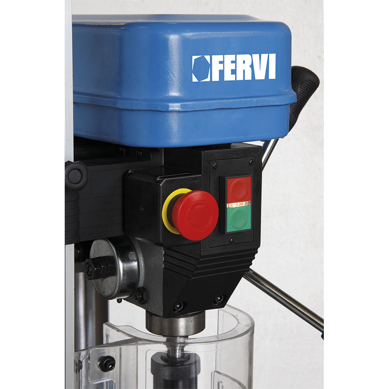 FERVI 0012 - particolare del pulsante Trapano da banco con trasmissione a cinghia 650W