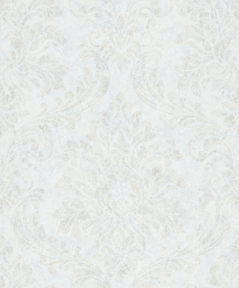 Dettaglio trama carta da parati Europarati Friends 2434811 con motivo damascato grigio chiaro e bianco effetto tessuto