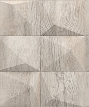 Dettaglio ravvicinato carta da parati 2434853 effetto legno chiaro sbiancato con trama geometrica a diamante in rilievo.