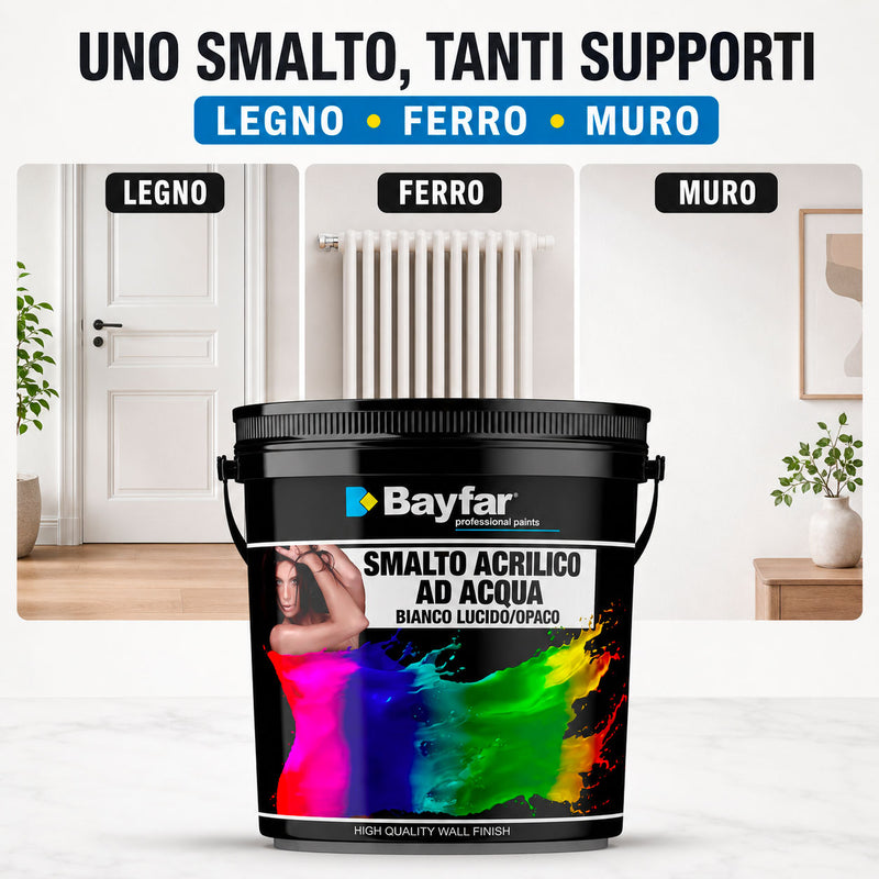 Smalto Bayfar all’acqua multiuso per legno ferro e muro per interni ed esterni