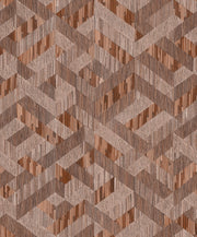 Dettaglio ravvicinato della carta da parati Europarati Enjoy con pattern geometrico a intreccio nei toni del marrone e ruggine effetto fibra naturale