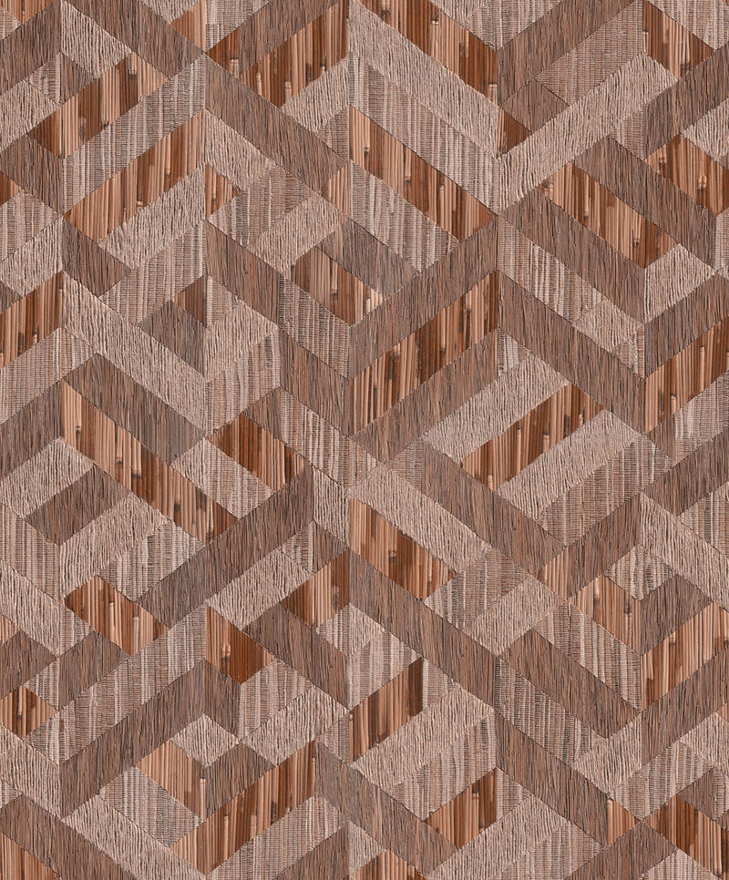 Dettaglio ravvicinato della carta da parati Europarati Enjoy con pattern geometrico a intreccio nei toni del marrone e ruggine effetto fibra naturale