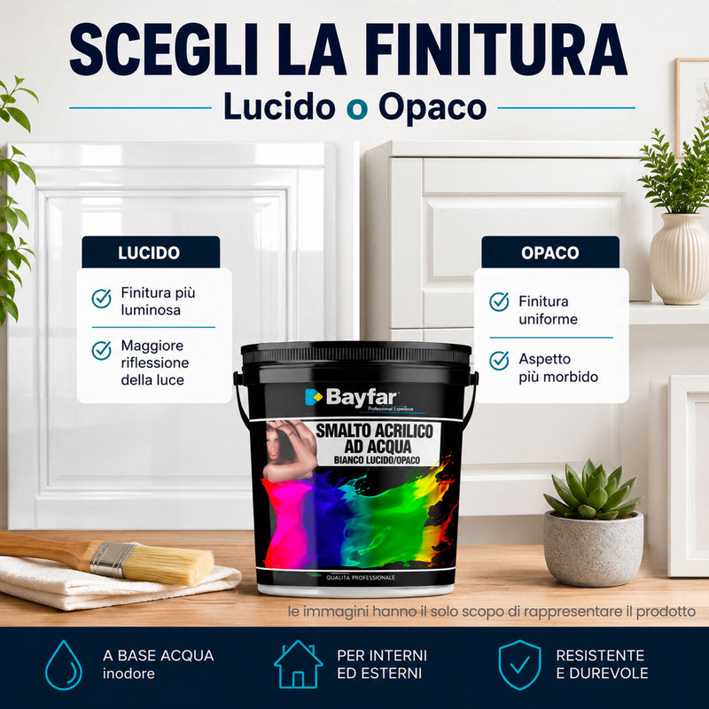 Confronto Smalto all’Acqua Bayfar Bianco Lucido e Bianco Opaco per legno ferro e muro