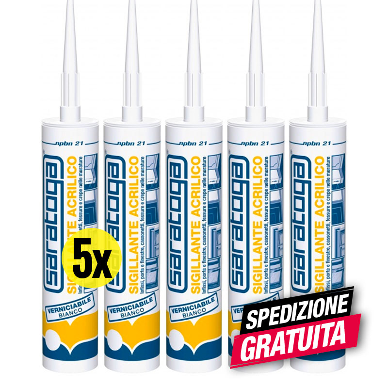 Silicone bianco verniciabile Saratoga confezione da 5 cartucce per infissi, porte e finestre, cassonetti, fessure e crepe nelle murature
