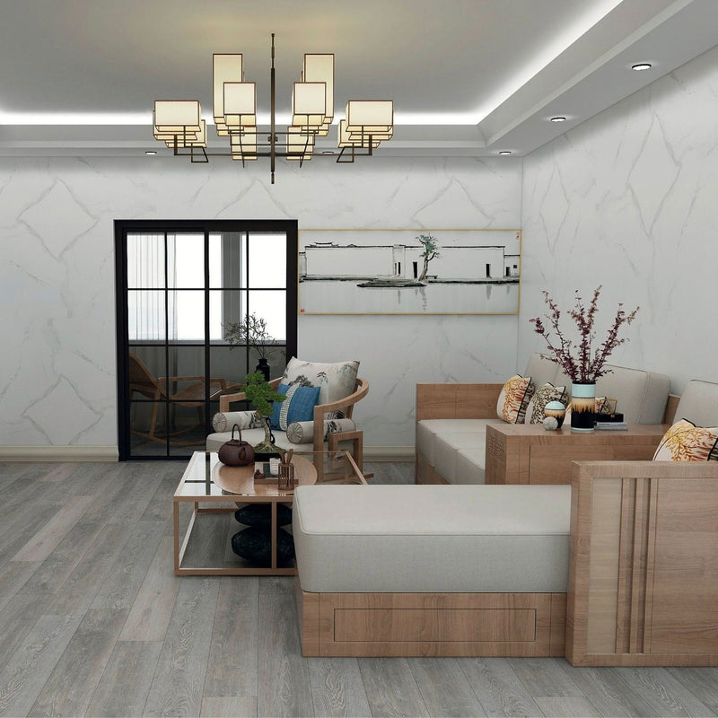 Pavimento SPC 5mm  effetto legno Baufloor CEDRO con Tappetino Acustico 1mm foto ambientata in sala moderna ed essenziale
