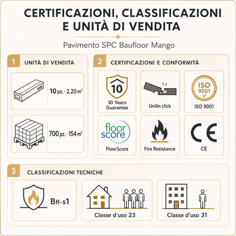 Certificazioni e classificazioni pavimento SPC Baufloor Mango con confezione 2,20 m² e classe uso 23 31