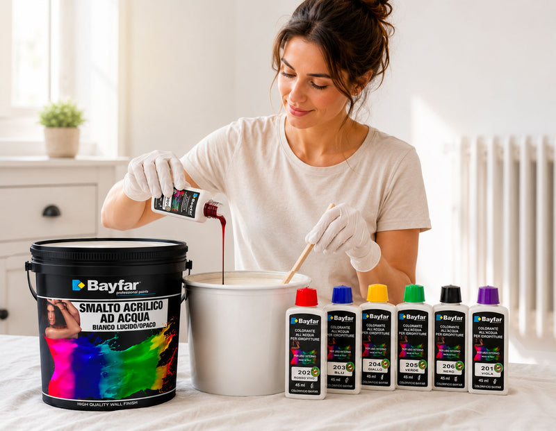 Miscelazione Coloranti Bayfar con Smalto all’Acqua Bayfar per personalizzazione colore