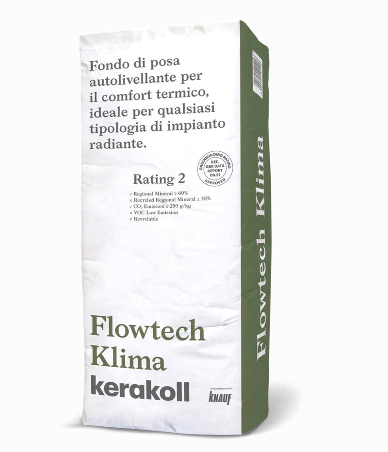 Kerakoll Flowtech Klima Fondo di posa autolivellante per il comfort termico, ideale per qualsiasi tipologia di impianto radiante.