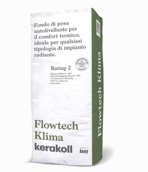 Kerakoll Flowtech Klima Fondo di posa autolivellante per il comfort termico, ideale per qualsiasi tipologia di impianto radiante.