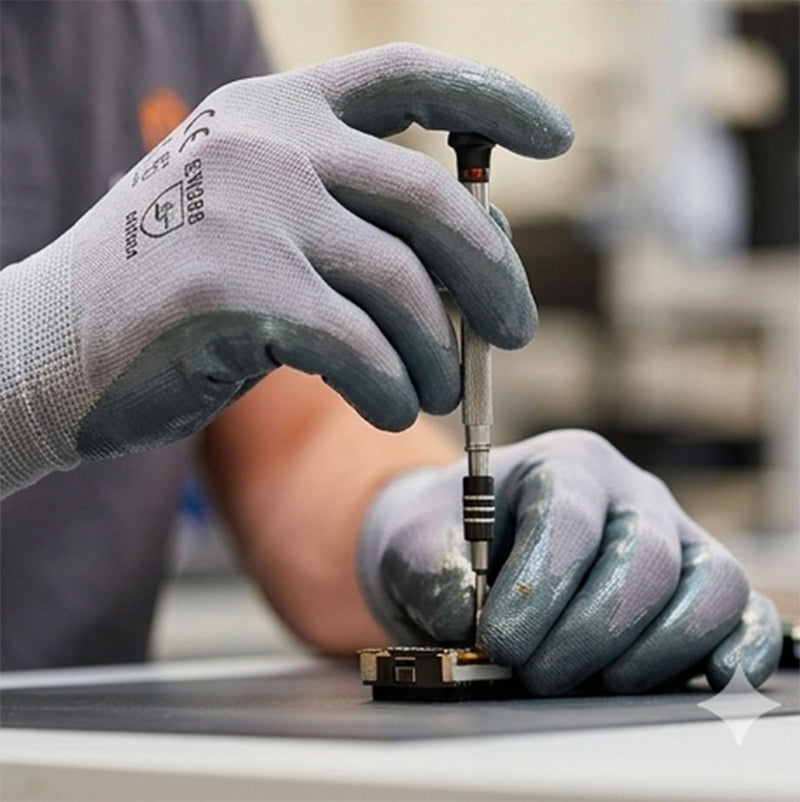 Operatore che indossa guanti in nitrile e nylon grigi durante operazione di precisione