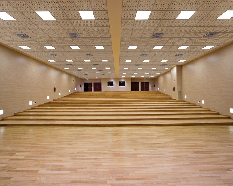 auditorium con pavimento in legno e controsoffitto in tinta e Fonoassorbente  Akifix Kyryos MISTA REGOLARE 2