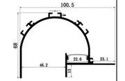 Schema tecnico del profilo LED per cartongesso da incasso per gola curva con larghezza 100,5 mm e altezza 68 mm
