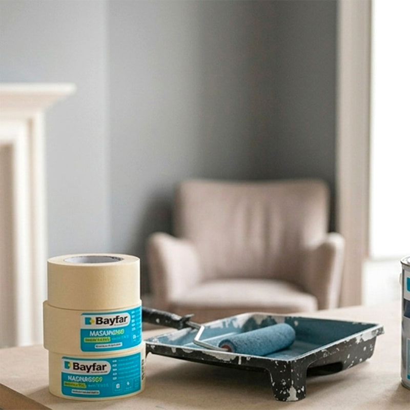 Nastro carta Bayfar e kit per pittura con rullo e vaschetta su un tavolo da lavoro, ideale come carta gommata per decorazione interni