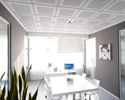 Pannello Controsoffitto 60x60 cm Fonoassorbente in Cartongesso - Akifix Kyryos Passo 16 FASCIA foto ambientata in un piccola sala riunioni di un ufficio