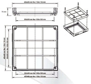 Schema tecnico quotato del chiusino PRO+ con indicazione dell'altezza di 75 mm e dimensioni da 300x300 a 1000x1000 mm