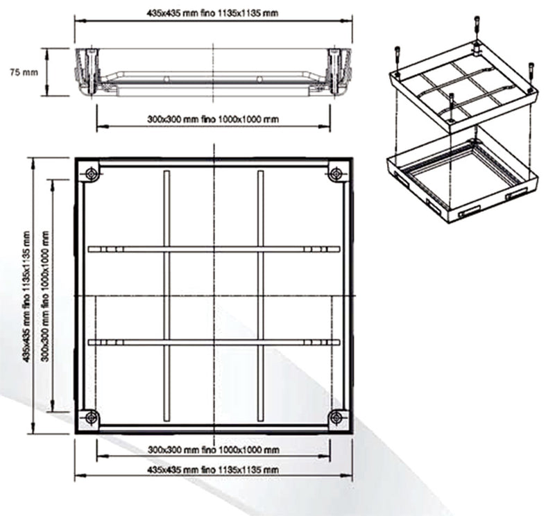 Schema tecnico quotato del chiusino PRO+ con indicazione dell'altezza di 75 mm e dimensioni da 300x300 a 1000x1000 mm
