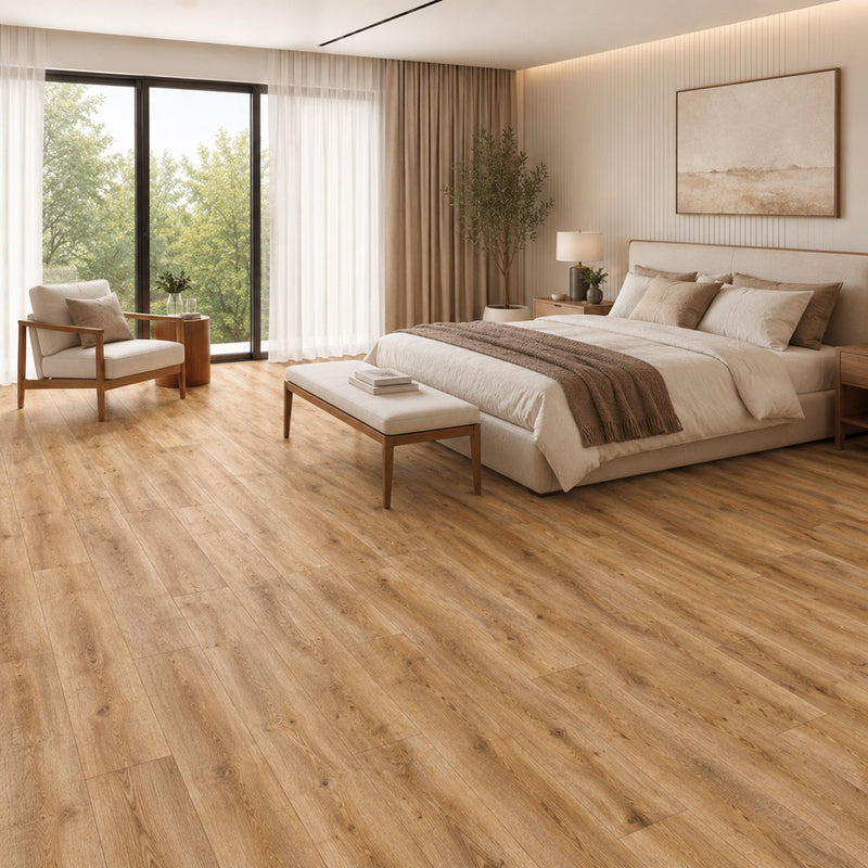 Pavimento SPC Baufloor Nuvola 6 mm effetto legno chiaro con sfumature differenti in camera da letto moderna