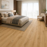 Pavimento SPC Baufloor Senape 5 mm effetto legno caldo in camera da letto moderna
