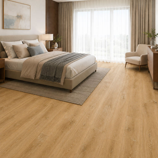 Pavimento SPC Baufloor Senape 5 mm effetto legno caldo in camera da letto moderna