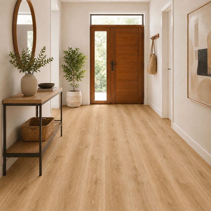 Pavimento SPC Baufloor Senape 5 mm effetto legno caldo in ingresso moderno