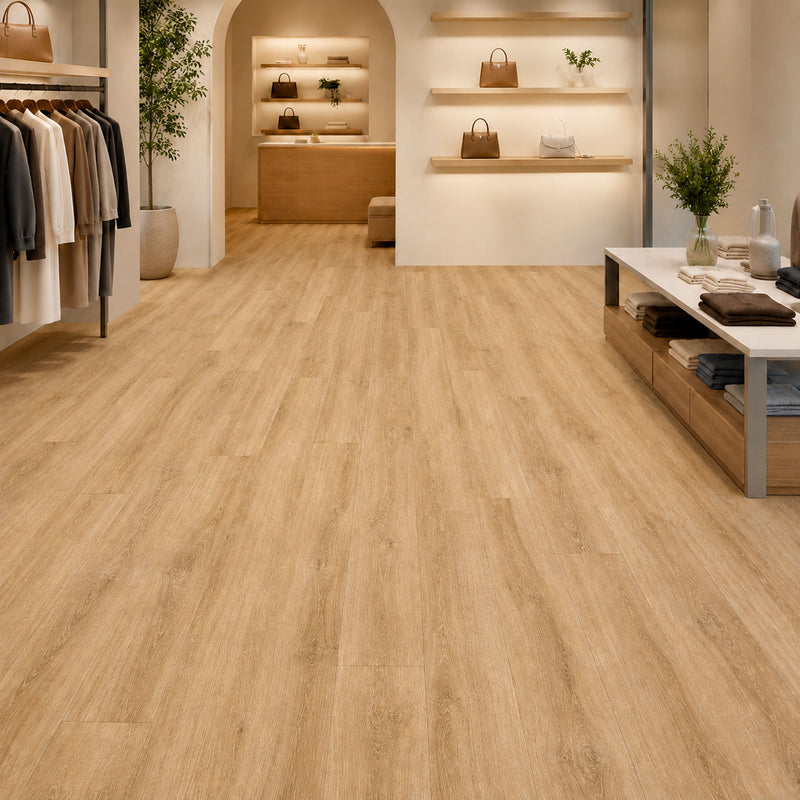 Pavimento SPC Baufloor Senape 5 mm effetto legno caldo in showroom e boutique