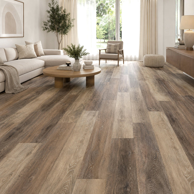 Pavimento SPC Baufloor Sole 5 mm effetto legno multitonale in soggiorno moderno
