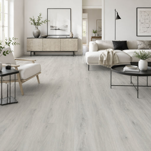 Pavimento SPC Baufloor Topazio 5 mm Silver Collection effetto rovere grigio chiaro