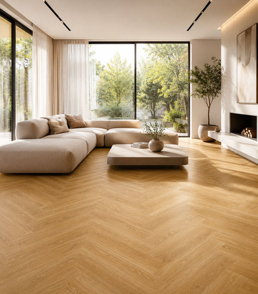 Pavimento SPC Baufloor Cadence 8 mm effetto legno installato a spina di pesce in soggiorno moderno