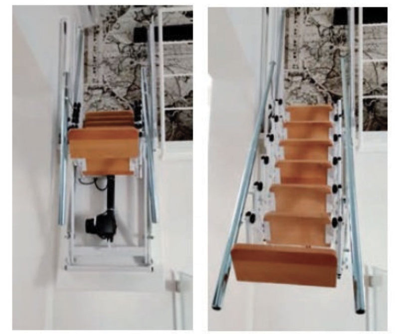 vista frontale del meccanismo motorizzato scala a pantografo elettrica per soppalco Starlux Elegant