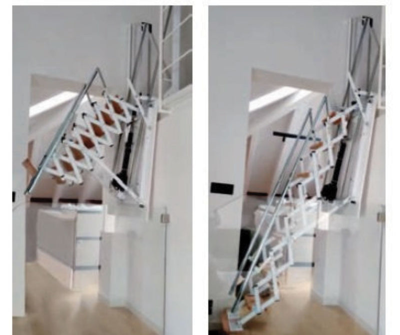 Vista laterale della scala per soppalco elettrica in fase di apertura automatica