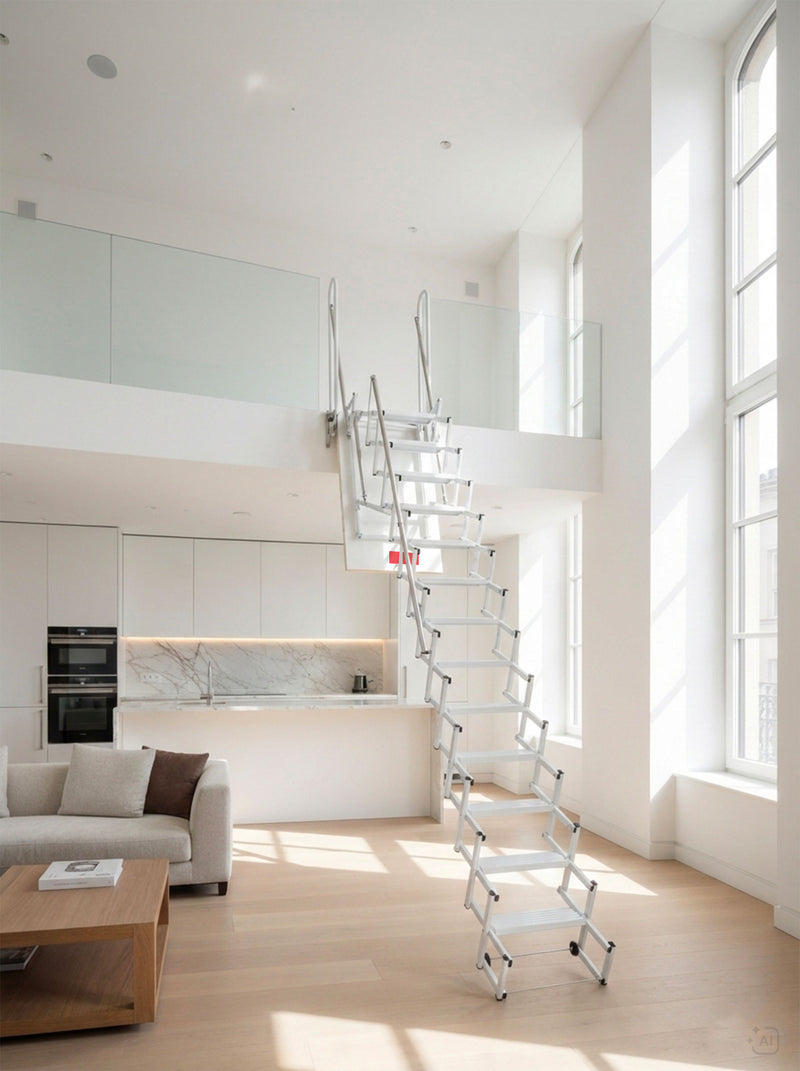 Scala retrattile manuale a soffietto in alluminio bianco per accesso al soppalco, design moderno