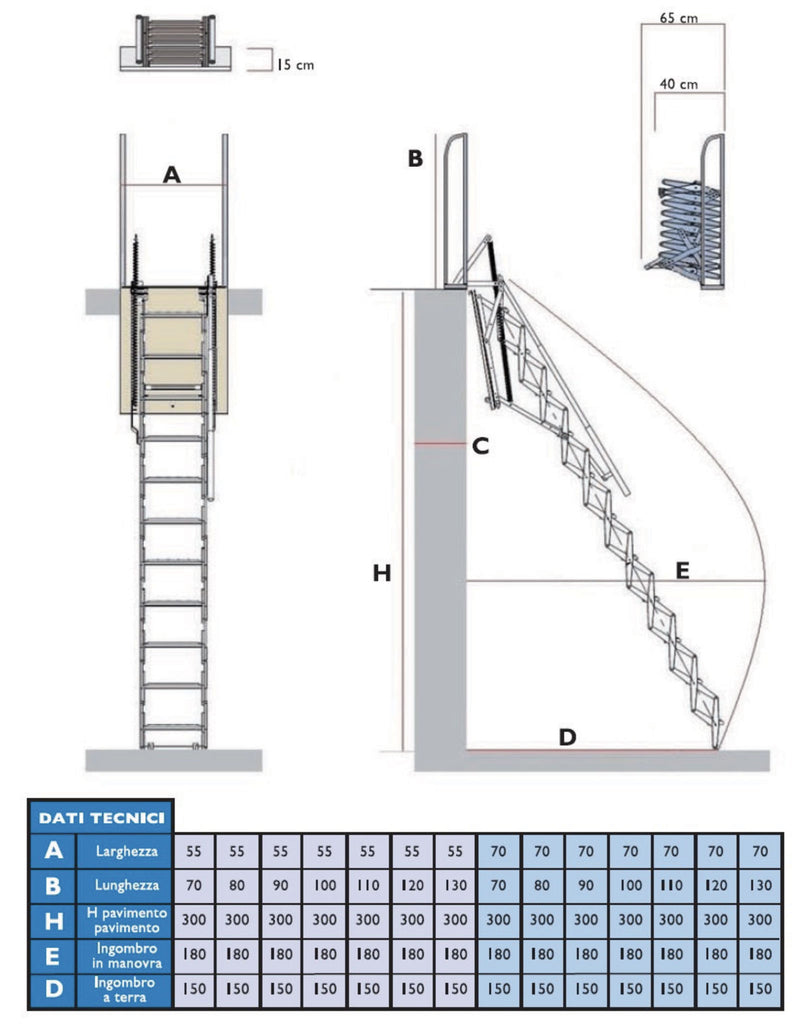Scala retrattile per soppalco a pantografo manuale scheda tecnica e misure