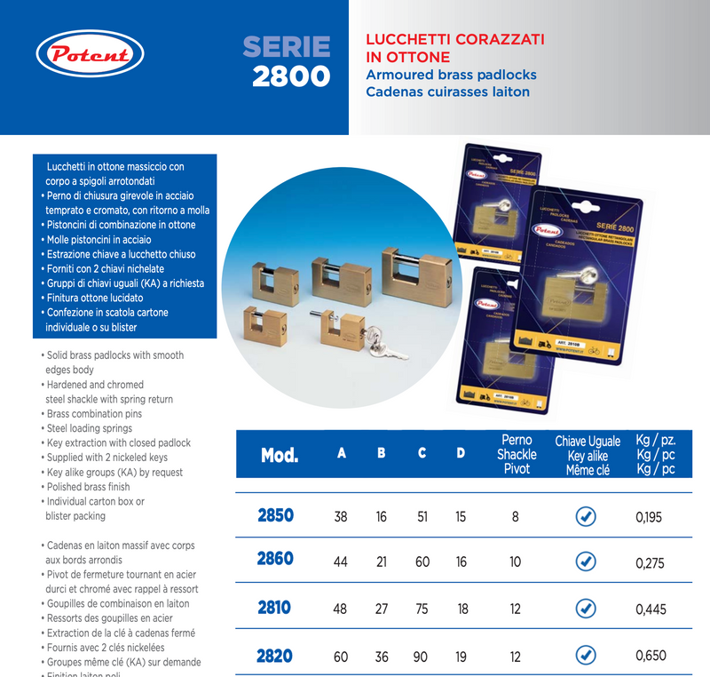 Lucchetto Corazzato in Ottone antiscasso - Potent Serie 2800