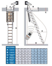 Tabella misure e ingombri scala retrattile elettrica Starlux Elegant Luxin: larghezza, lunghezza, altezza pavimento-soffitto