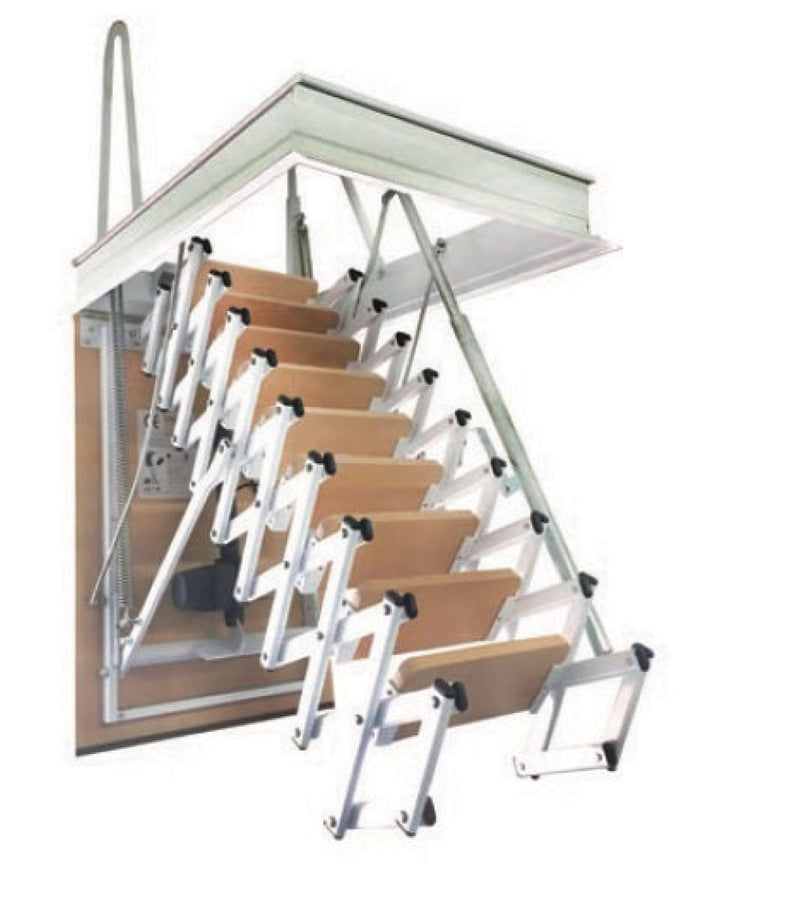 Scala retrattile elettrica a pantografo Starlux Elegant Luxin in fase di apertura automatica dal soffitto