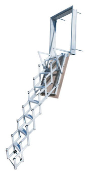 Scala retrattile a parete Stalux in alluminio completamente estesa, vista diagonale che mostra la struttura a pantografo e il telaio da incasso a muro