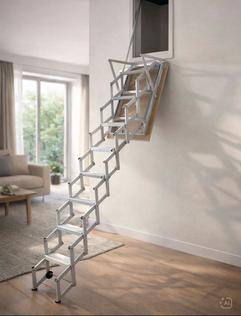 Scala retrattile a parete Stalux installata in un ambiente domestico moderno, estesa dal muro verso il pavimento in un soggiorno luminoso