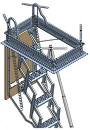 Disegno assonometrico 3D del telaio e della parte superiore della scala retrattile a pantografo. Si notano il sistema di molle di richiamo, i maniglioni di sbarco e la struttura metallica del cassonetto