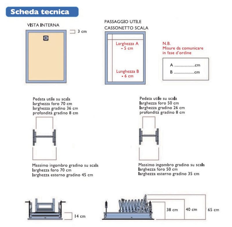 Schema tecnico dei dettagli della scala Starlux. Mostra le misure del passaggio utile del cassonetto, la profondità e larghezza dei gradini per fori da 50 cm e 70 cm, e l'altezza della struttura ripiegata sopra il solaio