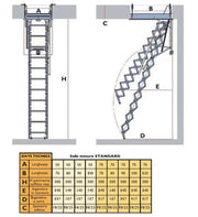 Disegno tecnico quotato della scala retrattile Starlux in vista frontale e laterale. Include una tabella con le misure standard per larghezza foro (A), lunghezza foro (B), altezza soffitto (H), ingombro in manovra (E) e a terra (D)