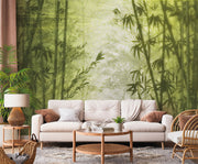 Soggiorno moderno arredato con carta da parati effetto natura bambù oro Z77588 collezione Savana