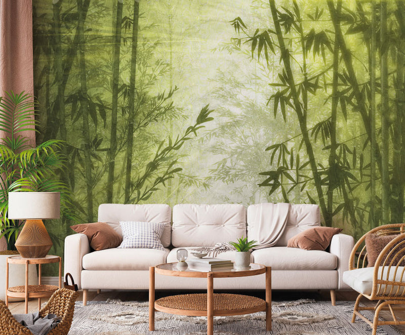 Soggiorno moderno arredato con carta da parati effetto natura bambù oro Z77588 collezione Savana