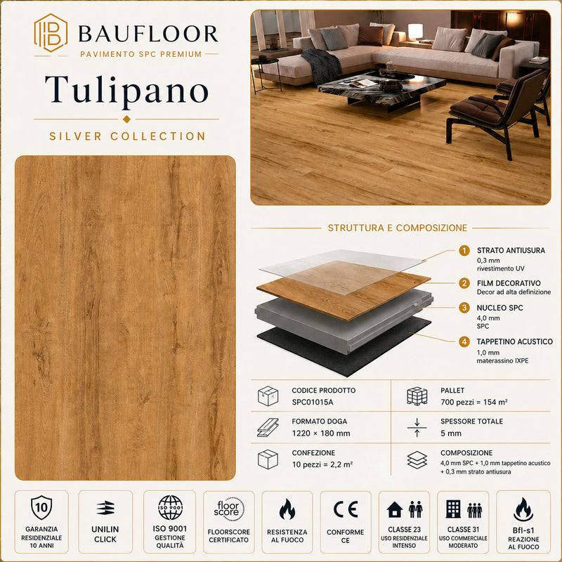 Scheda tecnica del pavimento SPC Baufloor Tulipano Silver Collection 5 mm