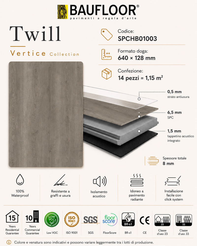 Scheda tecnica Baufloor Twill SPC 8 mm con materassino acustico integrato