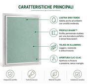 Caratteristiche principali della botola in cartongesso verde idro con profilo Shark e apertura clic-clac